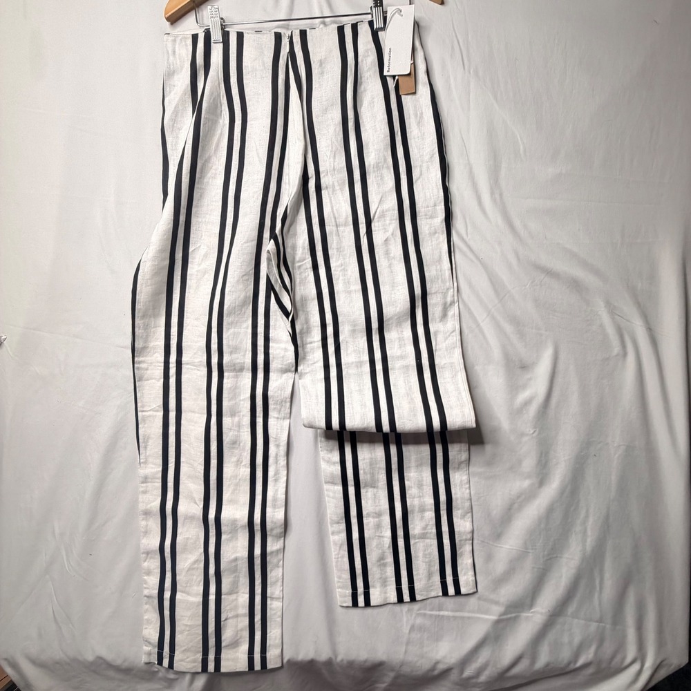 Reformation Linen Pants 12 White Black Striped High Waist Straight Leg New